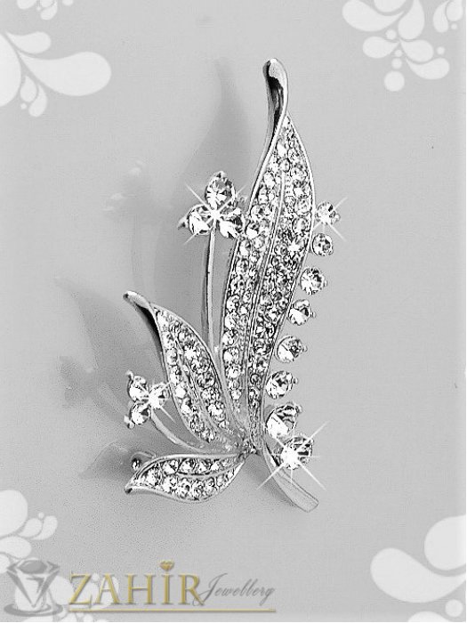 Дамски бижута - Блестящи бели кристали на сребриста брошка цвете с листенца, размери 6 на 2 см, класически модел - B1280